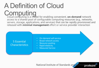 •   On-demand self-service
•   Broad network access
•   Resource pooling
•   Rapid elasticity
•   Measured Service
 