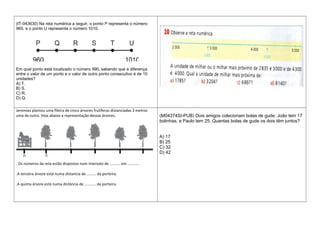 (IT-043630) Na reta numérica a seguir, o ponto P representa o número
960, e o ponto U representa o número 1010.
Em qual ponto está localizado o número 990, sabendo que a diferença
entre o valor de um ponto e o valor de outro ponto consecutivo é de 10
unidades?
A) T.
B) S.
C) R.
D) Q.
Jeremias plantou uma fileira de cinco árvores frutíferas distanciadas 3 metros
uma da outra. Veja abaixo a representação dessas árvores.
. Os números da reta estão dispostos num intervalo de .......... em ...........
.A terceira árvore está numa distancia de ......... da porteira.
.A quinta árvore está numa distância de ........... da porteira.
(M04374SI-PUB) Dois amigos colecionam bolas de gude. João tem 17
bolinhas, e Paulo tem 25. Quantas bolas de gude os dois têm juntos?
A) 17
B) 25
C) 32
D) 42
 