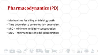 Pharmacodynamics (PD)
• Mechanisms for killing or inhibit growth
• Time dependent / concentration dependent
• MIC – minimum inhibitory concentration
• MBC – minimum bactericidal concentration
 