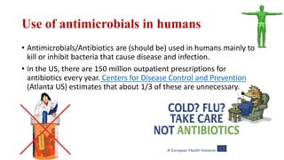 Use of antimicrobials in humans
• Antimicrobials/Antibiotics are (should be) used in humans mainly to
kill or inhibit bacteria that cause disease and infection.
• In the US, there are 150 million outpatient prescriptions for
antibiotics every year. Centers for Disease Control and Prevention
(Atlanta US) estimates that about 1/3 of these are unnecessary.
 