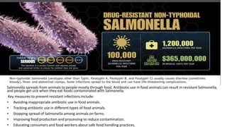 Salmonella spreads from animals to people mostly through food. Antibiotic use in food animals can result in resistant Salmonella,
and people get sick when they eat foods contaminated with Salmonella.
Key measures to prevent resistant infections include:
• Avoiding inappropriate antibiotic use in food animals.
• Tracking antibiotic use in different types of food animals.
• Stopping spread of Salmonella among animals on farms.
• Improving food production and processing to reduce contamination.
• Educating consumers and food workers about safe food handling practices.
 