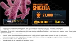 Shigella spreads from one person to another in feces through direct contact, or through contaminated surfaces, food, or water. Antibiotic use in humans can result in resistant Shigella
and hasten further spread.
Key measures to prevent resistant infections include:
• Promoting thorough and frequent hand washing with soap, especially in child care centers, elementary schools, restaurants, and homes with small children.
• Using antibiotics to treat more severe Shigella infections and managing milder infections with fluids and rest. ■ Reporting changes in resistance to healthcare providers.
• Detecting and controlling outbreaks of Shigella infections.
• Educating consumers and food workers about safe food handling practices.
 