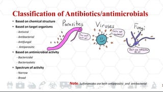 Classification of Antibiotics/antimicrobials
• Based on chemical structure
• Based on target organisms
- Antiviral
- Antibacterial
- Antifungal
- Antiparasitic
• Based on antimicrobial activity
- Bactericidal
- Bacteriostatic
• Spectrum of activity
- Narrow
- Broad
Note: Sulfonamides are both antiparasitic and antibacterial
 