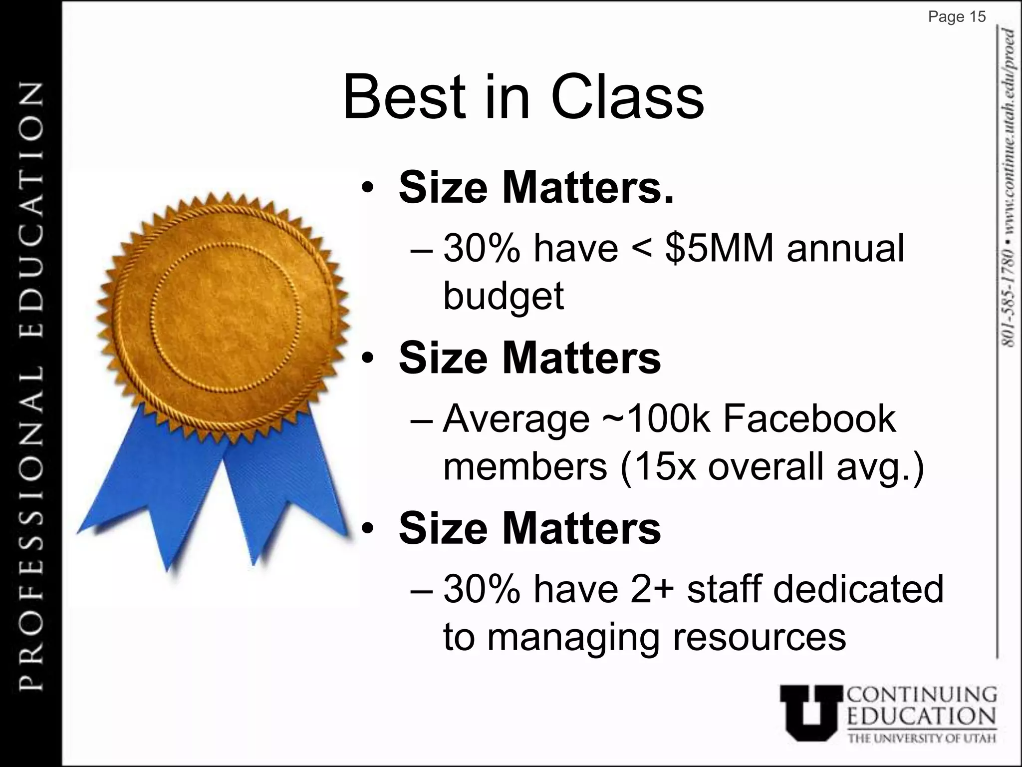 Page 15




Best in Class
• Size Matters.
  – 30% have < $5MM annual
    budget
• Size Matters
  – Average ~100k Facebook
    members (15x overall avg.)
• Size Matters
  – 30% have 2+ staff dedicated
    to managing resources
 