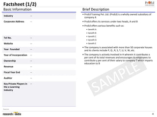 Factsheet (1/2)
Basic Information             Brief Description
                              • ProEd Training Pvt. Ltd. (ProEd) is a wholly owned subsidiary of
Industry                 --
                                company A
Corporate Address        --   • ProEd offers its services under two heads, A and B
                              • ProEd offers various benefits such as:
                                 • benefit A
                                 • benefit B
                                 • benefit C
Tel No.                  --
                                 • benefit D
Website                  --      • benefit E
                              • The company is associated with more than 50 corporate houses
Year Founded             --     and its clients include P, Q , R, S, T, U, V, W, etc.
Year of Incorporation    --   • The company is actively involved in H wherein it contributes x
                                per cent of its total revenues and encourages its employees to
Ownership                --     contribute y per cent of their salary to company T which imparts



                                               E
                                education to B



                                              L
Revenue                  --

Fiscal Year End

Auditor
                         --

                         --

                                            MP
Key Private Players in
the e-Learning
Industry
                         --


                                          SA
Source:

                                                                                                   4
 