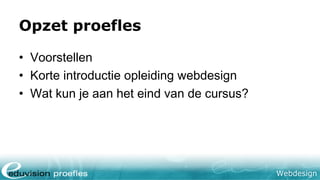Webdesign
Opzet proefles
• Voorstellen
• Korte introductie opleiding webdesign
• Wat kun je aan het eind van de cursus?
 