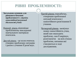 РІВНІ ПРОБЛЕМНОСТІ:
Загальною основою для
рівневого бачення
проблемності є ступінь
самостійної розумової
діяльності учнів:
Перший рівень відповідає
проблемному викладенні
навчального матеріалу
вчителем.
Другий рівень - це коли вчитель
створює проблемну ситуацію
і разом з учнями її розв’язує.
Третій рівень передбачає,
створення проблемної
ситуації вчителем і
самостійного розв’язання її
учнями.
Четвертий рівень засвідчує
повну самостійність учня,
який сам знаходить
проблему, сам її вирішує,
розв’язуючи на всіх етапах
проблеми, питання які
з’являються в ході
дослідження.
 