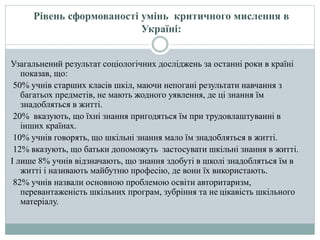 Узагальнений результат соціологічних досліджень за останні роки в країні
показав, що:
50% учнів старших класів шкіл, маючи непогані результати навчання з
багатьох предметів, не мають жодного уявлення, де ці знання їм
знадобляться в житті.
20% вказують, що їхні знання пригодяться їм при трудовлаштуванні в
інших країнах.
10% учнів говорять, що шкільні знання мало їм знадобляться в житті.
12% вказують, що батьки допоможуть застосувати шкільні знання в житті.
І лише 8% учнів відзначають, що знання здобуті в школі знадобляться їм в
житті і називають майбутню професію, де вони їх використають.
82% учнів назвали основною проблемою освіти авторитаризм,
перевантаженість шкільних програм, зубріння та не цікавість шкільного
матеріалу.
Рівень сформованості умінь критичного мислення в
Україні:
 