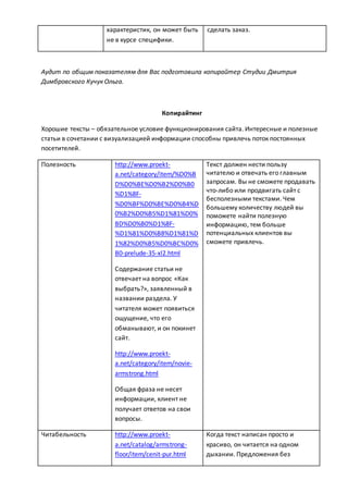 характеристик, он может быть
не в курсе специфики.
сделать заказ.
Аудит по общим показателям для Вас подготовила копирайтер Студии Дмитрия
Димбровского Кучук Ольга.
Копирайтинг
Хорошие тексты – обязательное условие функционирования сайта. Интересные и полезные
статьи в сочетании с визуализацией информации способны привлечь поток постоянных
посетителей.
Полезность http://www.proekt-
a.net/category/item/%D0%B
D%D0%BE%D0%B2%D0%B0
%D1%8F-
%D0%BF%D0%BE%D0%B4%D
0%B2%D0%B5%D1%81%D0%
BD%D0%B0%D1%8F-
%D1%81%D0%B8%D1%81%D
1%82%D0%B5%D0%BC%D0%
B0-prelude-35-xl2.html
Содержание статьи не
отвечает на вопрос «Как
выбрать?», заявленный в
названии раздела. У
читателя может появиться
ощущение, что его
обманывают, и он покинет
сайт.
http://www.proekt-
a.net/category/item/novie-
armstrong.html
Общая фраза не несет
информации, клиент не
получает ответов на свои
вопросы.
Текст должен нести пользу
читателю и отвечать его главным
запросам. Вы не сможете продавать
что-либо или продвигать сайт с
бесполезными текстами. Чем
большему количеству людей вы
поможете найти полезную
информацию, тем больше
потенциальных клиентов вы
сможете привлечь.
Читабельность http://www.proekt-
a.net/catalog/armstrong-
floor/item/cenit-pur.html
Когда текст написан просто и
красиво, он читается на одном
дыхании. Предложения без
 