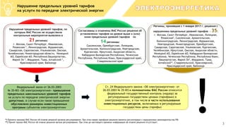 3
Нарушение предельных уровней тарифов
на услуги по передаче электрической энергии
Нарушение предельных уровней тарифов, по
которым ФАС России не осуществила
контрольные мероприятия выявлено в
21 регионах:
г. Москва, Санкт-Петербург, Ивановская,
Рязанская *, Ленинградская, Мурманская,
Самарская, Саратовская, Ульяновская, Омская,
Челябинская, Нижегородская области, Ненецкий
АО, Еврейская АО, Республика Башкортостан,
Марий Эл *, Мордовия, Тыва, Алтайский *,
Красноярский края, Байконур
Согласованы и отменены ФАС России решения об
установлении тарифов на уровне выше и (или)
ниже предельных уровней тарифов по
14 регионам:
Смоленская, Оренбургская, Липецкая,
Архангельская, Калининградская, Новгородская,
Курганская, Иркутская, Амурская области,
Кабардино-Балкарская Республика, Чеченская
Республика, Республика Коми, Краснодарский край,
Ставропольский край
Регионы, принявшие с 1 января 2017 г. решения с
нарушением предельных уровней тарифов - 35:
г. Москва, Санкт-Петербург, Ивановская, Липецкая,
Рязанская*, Смоленская, Архангельская,
Калининградская, Ленинградская, Мурманская,
Новгородская, Нижегородская, Оренбургская,
Самарская, Саратовская, Ульяновская, Курганская,
Челябинская, Иркутская, Омская, Амурская области,
Ненецкий АО, Еврейская АО, Кабардино-Балкарская
Республика, Чеченская Республика, Республика Коми,
Башкортостан, Марий Эл*, Мордовия, Тыва,
Алтайский**, Ставропольский, Красноярский,
Краснодарский края, Байконур
*) Приняты приказы ФАС России об отмене решений органов регулирования. При этом новые тарифные решения приняты регуляторами с нарушениями законодательства РФ.
**) Принят приказ ФАС России об отмене решения органа регулирования. При этом до настоящего времени информация об отмене решения отсутствует.
!
Федеральный закон от 26.03.2003
№ 35-ФЗ «Об электроэнергетике» превышение
предельных максимальных уровней тарифов
на услуги по передаче электрической энергии
допустимо, в случае если такое превышение
обусловлено размером инвестиционных
программ субъектов электроэнергетики
Ст. 24 Федерального закона «Об электроэнергетике» от
26.03.2003 № 35-ФЗ к полномочиям ФАС России относится
федеральный государственный контроль (надзор) за
регулируемыми государством ценами (тарифами) в
электроэнергетике, в том числе в части использования
инвестиционных ресурсов, включаемых в регулируемые
государством цены (тарифы)
 