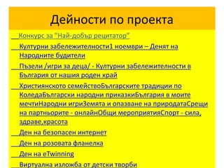 Дейности по проекта
Конкурс за "Най-добър рецитатор”
Културни забележителности1 ноември – Денят на
Народните будители
Пъзели /игри за деца/ - Културни забележителности в
България от нашия роден край
Християнското семействоБългарските традиции по
КоледаБългарски народни приказкиБългария в моите
мечтиНародни игриЗемята и опазване на природатаСрещи
на партньорите - онлайнОбщи мероприятияСпорт - сила,
здраве,красота
Ден на безопасен интернет
Ден на розовата фланелка
Ден на eTwinning
Виртуална изложба от детски творби
 