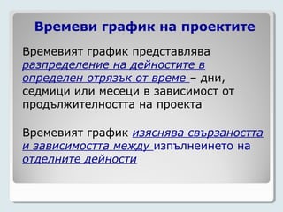 Времеви график на проектите
Времевият график представлява
разпределение на дейностите в
определен отрязък от време – дни,
седмици или месеци в зависимост от
продължителността на проекта

Времевият график изяснява свързаността
и зависимостта между изпълнеинето на
отделните дейности
 