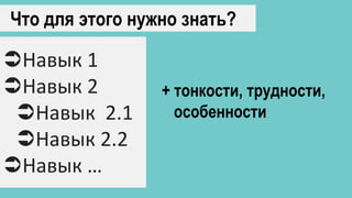 Что для этого нужно знать?
Навык 1
Навык 2
Навык 2.1
Навык 2.2
Навык …
+ тонкости, трудности,
особенности
 