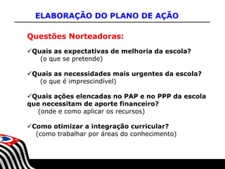 ELABORAÇÃO DO PLANO DE AÇÃO
Questões Norteadoras:
Quais as expectativas de melhoria da escola?
(o que se pretende)
Quais as necessidades mais urgentes da escola?
(o que é imprescindível)
Quais ações elencadas no PAP e no PPP da escola
que necessitam de aporte financeiro?
(onde e como aplicar os recursos)
Como otimizar a integração curricular?
(como trabalhar por áreas do conhecimento)

SECRETARIA DA EDUCAÇÃO

Coordenadoria de Gestão da Educação Básica

 