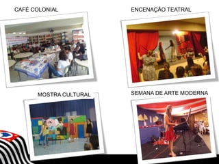 CAFÉ COLONIAL

ENCENAÇÃO TEATRAL

MOSTRA CULTURAL

SEMANA DE ARTE MODERNA

SECRETARIA DA EDUCAÇÃO

Coordenadoria de Gestão da Educação Básica

 