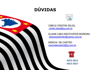 DÚVIDAS

CIBELE CRISTINI DEJOL
cibele.dejol@ig.com.br
ELIANE LIBIA WESTHOFER MOREIRA
elianewesthofer@yahoo.com.br

MÁRCIA DE CASTRO
marciadecastro@ig.com.br

4043-3814
4053-3837
SECRETARIA DA EDUCAÇÃO

Coordenadoria de Gestão da Educação Básica

 