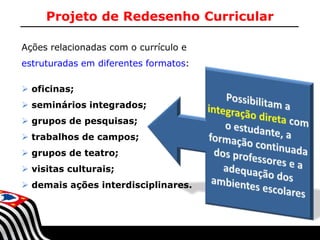 Projeto de Redesenho Curricular
Ações relacionadas com o currículo e
estruturadas em diferentes formatos:
 oficinas;
 seminários integrados;
 grupos de pesquisas;
 trabalhos de campos;

 grupos de teatro;
 visitas culturais;
 demais ações interdisciplinares.

SECRETARIA DA EDUCAÇÃO

Coordenadoria de Gestão da Educação Básica

 