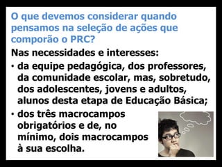 O que devemos considerar quando
pensamos na seleção de ações que
comporão o PRC?
Nas necessidades e interesses:
• da equipe pedagógica, dos professores,
da comunidade escolar, mas, sobretudo,
dos adolescentes, jovens e adultos,
alunos desta etapa de Educação Básica;
• dos três macrocampos
obrigatórios e de, no
mínimo, dois macrocampos
à sua escolha.
 