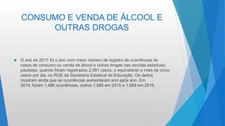 CONSUMO E VENDA DE ÁLCOOL E
OUTRAS DROGAS
 O ano de 2017 foi o ano com maior número de registro de ocorrências de
casos de consumo ou venda de álcool e outras drogas nas escolas estaduais
paulistas, quando foram registrados 2.061 casos, o equivalente a mais de cinco
casos por dia, no ROE da Secretaria Estadual de Educação. Os dados
mostram ainda que as ocorrências aumentaram ano após ano. Em
2014, foram 1.486 ocorrências, outros 1.584 em 2015 e 1.669 em 2016.
 