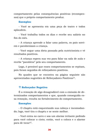 34
comportamento pelas consequências positivas (recompen-
sas) que o próprio comportamento produz.
Exemplos:
- Você se apresenta em uma peça de teatro e todos
aplaudem.
- Você trabalha todos os dias e recebe seu salário no
fim do mês.
- A criança aprende a falar uma palavra, os pais sorri-
em e parabenizam a criança.
- Você segue uma dieta passada pela nutricionista e vê
resultados positivos.
- A criança espera sua vez para falar na sala de aula e
recebe “parabéns” pelo seu comportamento.
Logo, é provável que esses comportamentos se repitam,
pois foram seguidos de reforçadores positivos.
No quadro que se encontra na página seguinte são
apresentadas sugestões de Reforçadores Positivos27.
Reforçador Negativo
É a remoção de algo desagradável com a emissão de de-
terminados comportamentos e que, quando conseguida es-
sa remoção, resulta no fortalecimento do comportamento.
Exemplos:
- O chapéu está esquentando sua cabeça e incomodan-
do; logo, você tira o chapéu e se sente melhor.
- Você entra no carro e soa um alarme irritante pedindo
para você colocar o cinto; então, você o coloca e o alarme
para de tocar27.
 