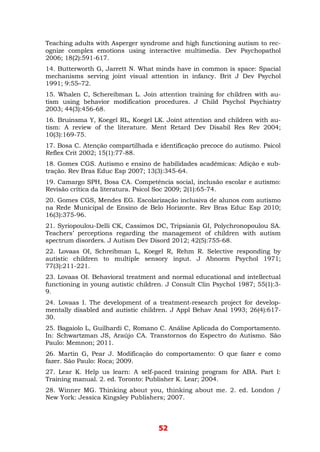 52
Teaching adults with Asperger syndrome and high functioning autism to rec-
ognize complex emotions using interactive multimedia. Dev Psychopathol
2006; 18(2):591-617.
14. Butterworth G, Jarrett N. What minds have in common is space: Spacial
mechanisms serving joint visual attention in infancy. Brit J Dev Psychol
1991; 9:55–72.
15. Whalen C, Schereibman L. Join attention training for children with au-
tism using behavior modification procedures. J Child Psychol Psychiatry
2003; 44(3):456-68.
16. Bruinsma Y, Koegel RL, Koegel LK. Joint attention and children with au-
tism: A review of the literature. Ment Retard Dev Disabil Res Rev 2004;
10(3):169-75.
17. Bosa C. Atenção compartilhada e identificação precoce do autismo. Psicol
Reflex Crít 2002; 15(1):77-88.
18. Gomes CGS. Autismo e ensino de habilidades acadêmicas: Adição e sub-
tração. Rev Bras Educ Esp 2007; 13(3):345-64.
19. Camargo SPH, Bosa CA. Competência social, inclusão escolar e autismo:
Revisão crítica da literatura. Psicol Soc 2009; 2(1):65-74.
20. Gomes CGS, Mendes EG. Escolarização inclusiva de alunos com autismo
na Rede Municipal de Ensino de Belo Horizonte. Rev Bras Educ Esp 2010;
16(3):375-96.
21. Syriopoulou-Delli CK, Cassimos DC, Tripsianis GI, Polychronopoulou SA.
Teachers’ perceptions regarding the management of children with autism
spectrum disorders. J Autism Dev Disord 2012; 42(5):755-68.
22. Lovaas OI, Schreibman L, Koegel R, Rehm R. Selective responding by
autistic children to multiple sensory input. J Abnorm Psychol 1971;
77(3):211-221.
23. Lovaas OI. Behavioral treatment and normal educational and intellectual
functioning in young autistic children. J Consult Clin Psychol 1987; 55(1):3-
9.
24. Lovaas I. The development of a treatment-research project for develop-
mentally disabled and autistic children. J Appl Behav Anal 1993; 26(4):617-
30.
25. Bagaiolo L, Guilhardi C, Romano C. Análise Aplicada do Comportamento.
In: Schwartzman JS, Araújo CA. Transtornos do Espectro do Autismo. São
Paulo: Memnon; 2011.
26. Martin G, Pear J. Modificação do comportamento: O que fazer e como
fazer. São Paulo: Roca; 2009.
27. Lear K. Help us learn: A self-paced training program for ABA. Part I:
Training manual. 2. ed. Toronto: Publisher K. Lear; 2004.
28. Winner MG. Thinking about you, thinking about me. 2. ed. London /
New York: Jessica Kingsley Publishers; 2007.
 