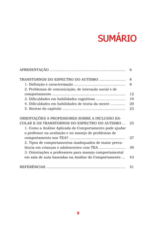 5
SUMÁRIO
APRESENTAÇÃO .................................................................... 6
TRANSTORNOS DO ESPECTRO DO AUTISMO ........................ 8
1. Definição e caracterização .............................................. 8
2. Problemas de comunicação, de interação social e de
comportamento .................................................................. 12
3. Dificuldades em habilidades cognitivas ........................... 19
4. Dificuldades em habilidades de teoria da mente ............. 20
5. Síntese do capítulo ......................................................... 23
ORIENTAÇÕES A PROFESSORES SOBRE A INCLUSÃO ES-
COLAR E OS TRANSTORNOS DO ESPECTRO DO AUTISMO ... 25
1. Como a Análise Aplicada do Comportamento pode ajudar
o professor na avaliação e no manejo de problemas de
comportamento nos TEA? .................................................. 27
2. Tipos de comportamentos inadequados de maior preva-
lência em crianças e adolescentes com TEA ........................ 39
3. Orientações a professores para manejo comportamental
em sala de aula baseadas na Análise do Comportamento ... 43
REFERÊNCIAS ....................................................................... 51
 