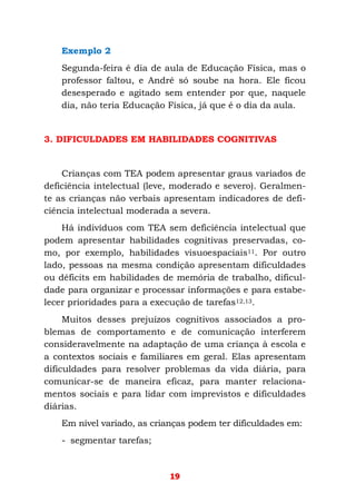 19
Exemplo 2
Segunda-feira é dia de aula de Educação Física, mas o
professor faltou, e André só soube na hora. Ele ficou
desesperado e agitado sem entender por que, naquele
dia, não teria Educação Física, já que é o dia da aula.
3. DIFICULDADES EM HABILIDADES COGNITIVAS
Crianças com TEA podem apresentar graus variados de
deficiência intelectual (leve, moderado e severo). Geralmen-
te as crianças não verbais apresentam indicadores de defi-
ciência intelectual moderada a severa.
Há indivíduos com TEA sem deficiência intelectual que
podem apresentar habilidades cognitivas preservadas, co-
mo, por exemplo, habilidades visuoespaciais11. Por outro
lado, pessoas na mesma condição apresentam dificuldades
ou déficits em habilidades de memória de trabalho, dificul-
dade para organizar e processar informações e para estabe-
lecer prioridades para a execução de tarefas12,13.
Muitos desses prejuízos cognitivos associados a pro-
blemas de comportamento e de comunicação interferem
consideravelmente na adaptação de uma criança à escola e
a contextos sociais e familiares em geral. Elas apresentam
dificuldades para resolver problemas da vida diária, para
comunicar-se de maneira eficaz, para manter relaciona-
mentos sociais e para lidar com imprevistos e dificuldades
diárias.
Em nível variado, as crianças podem ter dificuldades em:
- segmentar tarefas;
 