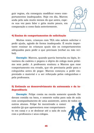 45
guir regras, ela conseguiu modificar esses com-
portamentos inadequados. Hoje em dia, Marcos
anda pela sala muito menos do que antes, espe-
ra sua vez para falar e grita muito pouco, em
comparação a como fazia anteriormente.
4) Ensino de comportamentos de solicitação
Muitas vezes, crianças com TEA não sabem solicitar e
pedir ajuda, agindo de forma inadequada. É muito impor-
tante ensinar às crianças quais são os comportamentos
adequados para pedir o que precisam (verbal ou não ver-
bal).
Exemplo: Marcos, quando queria borracha ou lápis, le-
vantava da cadeira e pegava o objeto do colega mais próxi-
mo sem pedir. A professora ensinou a Marcos que esse
comportamento era errado, que ele precisaria pedir para o
coleguinha antes de pegar. Marcos começou a pedir em-
prestado o material e a ser reforçado pelos coleguinhas e
pela professora.
5) Estímulo ao desenvolvimento da autonomia e da in-
dependência
Exemplo: Felipe comia na escola somente quando lhe
davam comida na boca, e somente subia para sala de aula
com acompanhamento de uma assistente, antes de todos os
outros alunos. Felipe foi incentivado a comer
sozinho (já que apresentava esse comportamen-
to em casa) e a se deslocar até a sala de aula
com a professora e seus colegas.
 