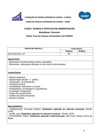 14
FUNDAÇÃO DE ENSINO SUPERIOR DE OLINDA – FUNESO
UNIÃO DE ESCOLAS SUPERIORES DA FUNESO – UNESF
CURSO: TEORIAS E PRÁTICAS EM ADMINISTRAÇÃO
Modalidade: Extensão
Oferta: Fora do Campus Universitário da FUNESO
DISCIPLINA /MÓDULO Carga Horária
Teórica Prática
ESTATÍSTICA / 2º 60 -
OBJETIVOS
- Apresentar conceitos básicos sobre a disciplina.
- Demonstrar aplicações utilizadas no dia a dia do Administrador.
CONTEÚDOS
- Método estatístico.
- Apresentação tabular e gráfica.
- Distribuição de frequências.
- Tendência central.
- Variabilidade. Assimetria e curtose.
- Probabilidade. Amostragem e significância.
- Correlação e Regressão.
- Testes não paramétricos.
- Análise das séries temporais.
- Números índices.
BIBLIOGRAFIA
- GONÇALVES, Fernando Antônio. Estatística aplicada às ciências humanas. Recife:
UFPE.
- LEVIN, Jack. Estatística aplicada às ciências humanas. Recife: UFPE.
- STEVENSON, Willam. Estatística aplicada à administração. São Paulo: Harper & Row do
Brasil.
 