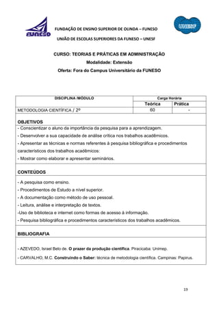 19
FUNDAÇÃO DE ENSINO SUPERIOR DE OLINDA – FUNESO
UNIÃO DE ESCOLAS SUPERIORES DA FUNESO – UNESF
CURSO: TEORIAS E PRÁTICAS EM ADMINISTRAÇÃO
Modalidade: Extensão
Oferta: Fora do Campus Universitário da FUNESO
DISCIPLINA /MÓDULO Carga Horária
Teórica Prática
METODOLOGIA CIENTÍFICA / 2º 60 -
OBJETIVOS
- Conscientizar o aluno da importância da pesquisa para a aprendizagem.
- Desenvolver a sua capacidade de análise crítica nos trabalhos acadêmicos.
- Apresentar as técnicas e normas referentes à pesquisa bibliográfica e procedimentos
característicos dos trabalhos acadêmicos:
- Mostrar como elaborar e apresentar seminários.
CONTEÚDOS
- A pesquisa como ensino.
- Procedimentos de Estudo a nível superior.
- A documentação como método de uso pessoal.
- Leitura, análise e interpretação de textos.
-Uso de biblioteca e internet como formas de acesso à informação.
- Pesquisa bibliográfica e procedimentos característicos dos trabalhos acadêmicos.
BIBLIOGRAFIA
- AZEVEDO, Israel Belo de. O prazer da produção científica. Piracicaba: Unimep.
- CARVALHO, M.C. Construindo o Saber: técnica de metodologia científica. Campinas: Papirus.
 