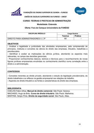 24
FUNDAÇÃO DE ENSINO SUPERIOR DE OLINDA – FUNESO
UNIÃO DE ESCOLAS SUPERIORES DA FUNESO – UNESF
CURSO: TEORIAS E PRÁTICAS EM ADMINISTRAÇÃO
Modalidade: Extensão
Oferta: Fora do Campus Universitário da FUNESO
DISCIPLINA /MÓDULO Carga Horária
Teórica Prática
DIREITO PARA ADMINISTRADORES II / 3º 60 -
OBJETIVOS
- Analisar a legalidade e juridicidade das atividades empresariais, pela compreensão de
princípios, institutos e conceitos da ciência do direito das empresas, tributário, trabalhista e
previdenciário.
- Identificar e avaliar as implicações da ciência jurídica, abordando os aspectos mais
relevantes, no campo das decisões gerenciais.
- Proporcionar conhecimentos básicos, teóricos e técnicos para o reconhecimento de novas
figuras jurídicas empresariais envolvidas no conhecimento científico numa correlação entre o
direito e a administração.
CONTEÚDOS
- Conceitos inerentes ao direito privado, abordando o estudo da legislação previdenciária, do
direito trabalhista e os reflexos na gestão empresarial nas relações de trabalho.
- Aspectos do direito tributário e as fontes e características do direito das empresas.
BIBLIOGRAFIA
COELHO,Fábio Ulhoa. Manual de direito comercial. São Paulo: Saraiva.
MACHADO, Hugo de Brito. Curso de direito tributário. São Paulo: Malheiros.
MARTINS, Sérgio Pinto. Direito da seguridade social. São Paulo, Atlas.
 