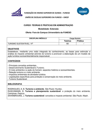 32
FUNDAÇÃO DE ENSINO SUPERIOR DE OLINDA – FUNESO
UNIÃO DE ESCOLAS SUPERIORES DA FUNESO – UNESF
CURSO: TEORIAS E PRÁTICAS EM ADMINISTRAÇÃO
Modalidade: Extensão
Oferta: Fora do Campus Universitário da FUNESO
DISCIPLINA /MÓDULO Carga Horária
Teórica Prática
TURISMO SUSTENTÁVEL / 4º 60 -
OBJETIVOS
Estabelecer, mediante uma visão integrada do conhecimento, as bases para estimular a
análise do impacto ambiental advindo do turismo e promover a elaboração de um modelo de
ação turística socioambientalmente responsável.
CONTEÚDOS
- Principais conceitos ambientais.
- Desenvolvimento Sustentável e Turismo.
- O meio ambiente e a ação do homem: aspectos histórico e socioambientais.
- Relação turismo e o meio ambiente.
- Impactos ambientais da atividade turística.
- Legislações específicas para proteção e conservação do meio ambiente.
- Turismo Sustentável.
BIBLIOGRAFIA
RODRIGUES, A. B. Turismo e ambiente. São Paulo: Hucitec.
RUSCHMANN, D. Turismo e planejamento sustentável: a proteção do meio ambiente.
Campinas: Papirus.
SWARBROOKE, J. Turismo sustentável: conceitos e impacto ambiental. São Paulo: Aleph.
 