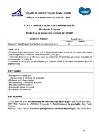 35
FUNDAÇÃO DE ENSINO SUPERIOR DE OLINDA – FUNESO
UNIÃO DE ESCOLAS SUPERIORES DA FUNESO – UNESF
CURSO: TEORIAS E PRÁTICAS EM ADMINISTRAÇÃO
Modalidade: Extensão
Oferta: Fora do Campus Universitário da FUNESO
DISCIPLINA /MÓDULO Carga Horária
Teórica Prática
ADMINISTRAÇÃO DA PRODUÇÃO E LOGÍSTICA II / 5º 60 -
OBJETIVOS
- Fornecer subsídios básicos para que o aluno possa refletir sobre as principais alternativas
para planejamento, controle e melhoramento da produção;
- Estimular discussões e reflexões sobre as modernas ferramentas gerenciais aplicadas na
administração da produção.
- Estimular a concepção de estratégias que possam trazer a vantagem competitiva para as
organizações.
CONTEÚDOS
- Planejamento agregado.
- Planejamento e controle da produção.
- Melhoramento da produção.
- Housekeeping. Just in time. Kanbam.
- Método do caminho crítico.
- Fabricação classe universal.
- Estratégias de produção.
BIBLIOGRAFIA
DAVIS, Mark M. et.Al. Fundamentos da administração da produção. São Paulo: Bookman.
MARTINS, Petrônio L. LAUGENI, Fernando P. Administração da produção. São Paulo:
Saraiva.
TUBINO, Dalvio Ferrari. Manual de planejamento e controle da produção. São Paulo: Atlas.
 