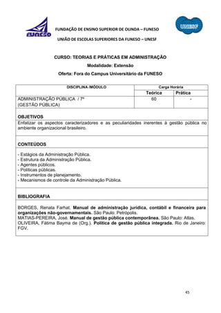 45
FUNDAÇÃO DE ENSINO SUPERIOR DE OLINDA – FUNESO
UNIÃO DE ESCOLAS SUPERIORES DA FUNESO – UNESF
CURSO: TEORIAS E PRÁTICAS EM ADMINISTRAÇÃO
Modalidade: Extensão
Oferta: Fora do Campus Universitário da FUNESO
DISCIPLINA /MÓDULO Carga Horária
Teórica Prática
ADMINISTRAÇÃO PÚBLICA / 7º
(GESTÃO PÚBLICA)
60 -
OBJETIVOS
Enfatizar os aspectos caracterizadores e as peculiaridades inerentes à gestão pública no
ambiente organizacional brasileiro.
CONTEÚDOS
- Estágios da Administração Pública.
- Estrutura da Administração Pública.
- Agentes públicos.
- Políticas públicas.
- Instrumentos de planejamento.
- Mecanismos de controle da Administração Pública.
BIBLIOGRAFIA
BORGES, Renata Farhat. Manual de administração jurídica, contábil e financeira para
organizações não-governamentais. São Paulo: Petrópolis.
MATIAS-PEREIRA, José. Manual de gestão pública contemporânea. São Paulo: Atlas.
OLIVEIRA, Fátima Bayma de (Org.). Política de gestão pública integrada. Rio de Janeiro:
FGV.
 