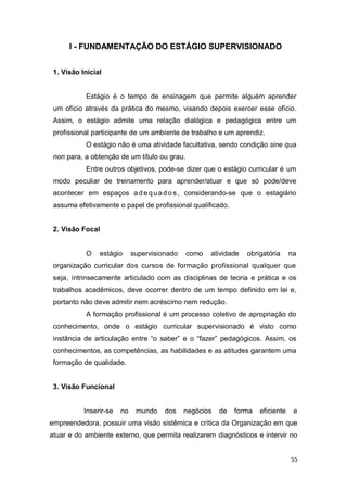 55
I - FUNDAMENTAÇÃO DO ESTÁGIO SUPERVISIONADO
1. Visão Inicial
Estágio é o tempo de ensinagem que permite alguém aprender
um ofício através da prática do mesmo, visando depois exercer esse ofício.
Assim, o estágio admite uma relação dialógica e pedagógica entre um
profissional participante de um ambiente de trabalho e um aprendiz.
O estágio não é uma atividade facultativa, sendo condição sine qua
non para, a obtenção de um título ou grau.
Entre outros objetivos, pode-se dizer que o estágio curricular é um
modo peculiar de treinamento para aprender/atuar e que só pode/deve
acontecer em espaços adequado s, considerando-se que o estagiário
assuma efetivamente o papel de profissional qualificado.
2. Visão Focal
O estágio supervisionado como atividade obrigatória na
organização curricular dos cursos de formação profissional qualquer que
seja, intrinsecamente articulado com as disciplinas de teoria e prática e os
trabalhos acadêmicos, deve ocorrer dentro de um tempo definido em lei e,
portanto não deve admitir nem acréscimo nem redução.
A formação profissional é um processo coletivo de apropriação do
conhecimento, onde o estágio curricular supervisionado é visto como
instância de articulação entre “o saber” e o “fazer” pedagógicos. Assim, os
conhecimentos, as competências, as habilidades e as atitudes garantem uma
formação de qualidade.
3. Visão Funcional
Inserir-se no mundo dos negócios de forma eficiente e
empreendedora, possuir uma visão sistêmica e crítica da Organização em que
atuar e do ambiente externo, que permita realizarem diagnósticos e intervir no
 