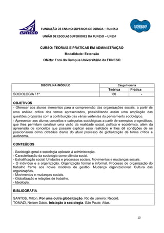 10
FUNDAÇÃO DE ENSINO SUPERIOR DE OLINDA – FUNESO
UNIÃO DE ESCOLAS SUPERIORES DA FUNESO – UNESF
CURSO: TEORIAS E PRÁTICAS EM ADMINISTRAÇÃO
Modalidade: Extensão
Oferta: Fora do Campus Universitário da FUNESO
DISCIPLINA /MÓDULO Carga Horária
Teórica Prática
SOCIOLOGIA / 1º 60 -
OBJETIVOS
- Oferecer aos alunos elementos para a compreensão das organizações sociais, a partir de
uma análise crítica dos temas apresentados, possibilitando assim uma ampliação das
questões propostas com a contribuição das várias vertentes do pensamento sociológico.
- Apresentar aos alunos conceitos e categorias sociológicas a partir de exemplos pragmáticos,
que lhes permitam construir uma visão da realidade social, política e econômica, além da
apreensão de conceitos que possam explicar essa realidade e lhes dê condições de se
posicionarem como cidadãos diante do atual processo de globalização de forma crítica e
autônoma.
CONTEÚDOS
- Sociologia geral e sociologia aplicada à administração.
- Caracterização da sociologia como ciência social.
- Estratificação social. Unidades e processos sociais. Movimentos e mudanças sociais.
- O indivíduo e a organização. Organização formal e informal. Processo de organização do
trabalho frente aos novos modelos de gestão. Mudança organizacional. Cultura das
organizações.
- Movimentos e mudanças sociais.
- Globalização e relações de trabalho.
- Ideologia.
BIBLIOGRAFIA
SANTOS, Milton. Por uma outra globalização. Rio de Janeiro: Record.
TOMAZI, Nelson Dácio. Iniciação à sociologia. São Paulo: Atlas.
 