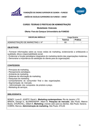 31
FUNDAÇÃO DE ENSINO SUPERIOR DE OLINDA – FUNESO
UNIÃO DE ESCOLAS SUPERIORES DA FUNESO – UNESF
CURSO: TEORIAS E PRÁTICAS EM ADMINISTRAÇÃO
Modalidade: Extensão
Oferta: Fora do Campus Universitário da FUNESO
DISCIPLINA /MÓDULO Carga Horária
Teórica Prática
ADMINISTRAÇÃO DE MARKETING I / 4º 60 -
OBJETIVOS
- Fornecer informações sobre as novas visões de marketing, evidenciando a enfatizando a
qualidade, ética e responsabilidade social.
- Evidenciar a função estratégica integradora do marketing dentro das organizações modernas.
- Demonstrar a importância da satisfação do cliente para as organizações.
CONTEÚDOS
- Princípios de marketing.
- Planejamento estratégico.
- Ambiente de marketing.
- Sistemas de informação de marketing.
- Pesquisas de marketing.
- Comportamento do consumidor final e das organizações.
- Segmentação de mercado.
- Administração dos compostos de produto e preço.
- Marketing de serviços.
BIBLIOGRAFIA
BONEY, Louis E.; KURTZ, David L. Marketing contemporâneo. Rio de Janeiro: LTC.
BREEN, George E.; BLANKENSHIP, Albert B. Pesquisa de mercado. São Paulo: Makron
Books. CHURCHILL, Gilbert A. Marketing: criando valor para os clientes. São Paulo: Saraiva.
COBRA, Marcos. Administração de marketing. São Paulo: ATLAS
 