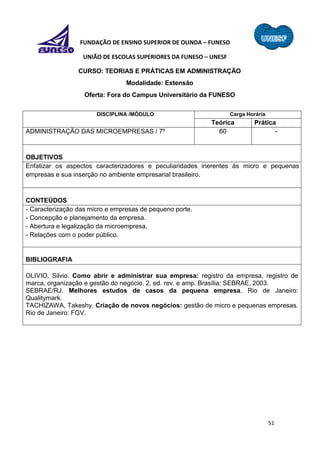 51
FUNDAÇÃO DE ENSINO SUPERIOR DE OLINDA – FUNESO
UNIÃO DE ESCOLAS SUPERIORES DA FUNESO – UNESF
CURSO: TEORIAS E PRÁTICAS EM ADMINISTRAÇÃO
Modalidade: Extensão
Oferta: Fora do Campus Universitário da FUNESO
DISCIPLINA /MÓDULO Carga Horária
Teórica Prática
ADMINISTRAÇÃO DAS MICROEMPRESAS / 7º 60 -
OBJETIVOS
Enfatizar os aspectos caracterizadores e peculiaridades inerentes às micro e pequenas
empresas e sua inserção no ambiente empresarial brasileiro.
CONTEÚDOS
- Caracterização das micro e empresas de pequeno porte.
- Concepção e planejamento da empresa.
- Abertura e legalização da microempresa.
- Relações com o poder público.
BIBLIOGRAFIA
OLIVIO, Silvio. Como abrir e administrar sua empresa: registro da empresa, registro de
marca, organização e gestão do negócio. 2. ed. rev. e amp. Brasília: SEBRAE, 2003.
SEBRAE/RJ. Melhores estudos de casos da pequena empresa. Rio de Janeiro:
Qualitymark.
TACHIZAWA, Takeshy. Criação de novos negócios: gestão de micro e pequenas empresas.
Rio de Janeiro: FGV.
 