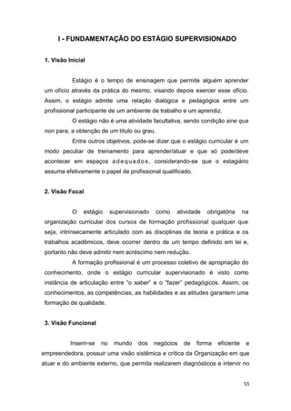 55
I - FUNDAMENTAÇÃO DO ESTÁGIO SUPERVISIONADO
1. Visão Inicial
Estágio é o tempo de ensinagem que permite alguém aprender
um ofício através da prática do mesmo, visando depois exercer esse ofício.
Assim, o estágio admite uma relação dialógica e pedagógica entre um
profissional participante de um ambiente de trabalho e um aprendiz.
O estágio não é uma atividade facultativa, sendo condição sine qua
non para, a obtenção de um título ou grau.
Entre outros objetivos, pode-se dizer que o estágio curricular é um
modo peculiar de treinamento para aprender/atuar e que só pode/deve
acontecer em espaços adequado s, considerando-se que o estagiário
assuma efetivamente o papel de profissional qualificado.
2. Visão Focal
O estágio supervisionado como atividade obrigatória na
organização curricular dos cursos de formação profissional qualquer que
seja, intrinsecamente articulado com as disciplinas de teoria e prática e os
trabalhos acadêmicos, deve ocorrer dentro de um tempo definido em lei e,
portanto não deve admitir nem acréscimo nem redução.
A formação profissional é um processo coletivo de apropriação do
conhecimento, onde o estágio curricular supervisionado é visto como
instância de articulação entre “o saber” e o “fazer” pedagógicos. Assim, os
conhecimentos, as competências, as habilidades e as atitudes garantem uma
formação de qualidade.
3. Visão Funcional
Inserir-se no mundo dos negócios de forma eficiente e
empreendedora, possuir uma visão sistêmica e crítica da Organização em que
atuar e do ambiente externo, que permita realizarem diagnósticos e intervir no
 