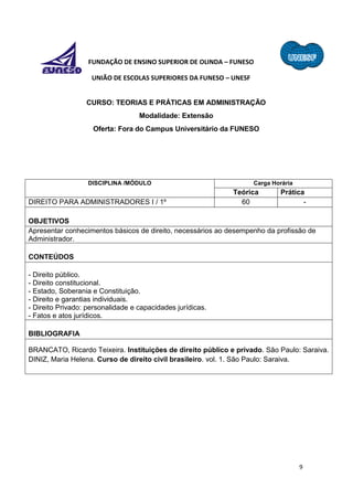 9
FUNDAÇÃO DE ENSINO SUPERIOR DE OLINDA – FUNESO
UNIÃO DE ESCOLAS SUPERIORES DA FUNESO – UNESF
CURSO: TEORIAS E PRÁTICAS EM ADMINISTRAÇÃO
Modalidade: Extensão
Oferta: Fora do Campus Universitário da FUNESO
DISCIPLINA /MÓDULO Carga Horária
Teórica Prática
DIREITO PARA ADMINISTRADORES I / 1º 60 -
OBJETIVOS
Apresentar conhecimentos básicos de direito, necessários ao desempenho da profissão de
Administrador.
CONTEÚDOS
- Direito público.
- Direito constitucional.
- Estado, Soberania e Constituição.
- Direito e garantias individuais.
- Direito Privado: personalidade e capacidades jurídicas.
- Fatos e atos jurídicos.
BIBLIOGRAFIA
BRANCATO, Ricardo Teixeira. Instituições de direito público e privado. São Paulo: Saraiva.
DINIZ, Maria Helena. Curso de direito civil brasileiro. vol. 1. São Paulo: Saraiva.
 