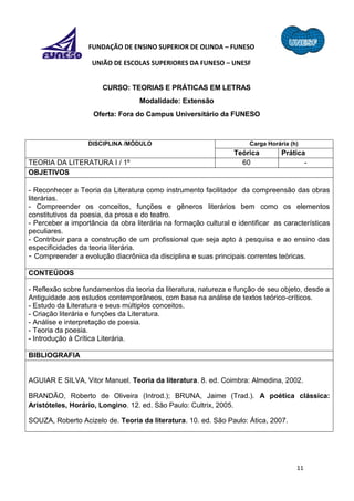 11
FUNDAÇÃO DE ENSINO SUPERIOR DE OLINDA – FUNESO
UNIÃO DE ESCOLAS SUPERIORES DA FUNESO – UNESF
CURSO: TEORIAS E PRÁTICAS EM LETRAS
Modalidade: Extensão
Oferta: Fora do Campus Universitário da FUNESO
DISCIPLINA /MÓDULO Carga Horária (h)
Teórica Prática
TEORIA DA LITERATURA I / 1º 60 -
OBJETIVOS
- Reconhecer a Teoria da Literatura como instrumento facilitador da compreensão das obras
literárias.
- Compreender os conceitos, funções e gêneros literários bem como os elementos
constitutivos da poesia, da prosa e do teatro.
- Perceber a importância da obra literária na formação cultural e identificar as características
peculiares.
- Contribuir para a construção de um profissional que seja apto à pesquisa e ao ensino das
especificidades da teoria literária.
- Compreender a evolução diacrônica da disciplina e suas principais correntes teóricas.
CONTEÚDOS
- Reflexão sobre fundamentos da teoria da literatura, natureza e função de seu objeto, desde a
Antiguidade aos estudos contemporâneos, com base na análise de textos teórico-críticos.
- Estudo da Literatura e seus múltiplos conceitos.
- Criação literária e funções da Literatura.
- Análise e interpretação de poesia.
- Teoria da poesia.
- Introdução à Crítica Literária.
BIBLIOGRAFIA
AGUIAR E SILVA, Vitor Manuel. Teoria da literatura. 8. ed. Coimbra: Almedina, 2002.
BRANDÃO, Roberto de Oliveira (Introd.); BRUNA, Jaime (Trad.). A poética clássica:
Aristóteles, Horário, Longino. 12. ed. São Paulo: Cultrix, 2005.
SOUZA, Roberto Acizelo de. Teoria da literatura. 10. ed. São Paulo: Ática, 2007.
 