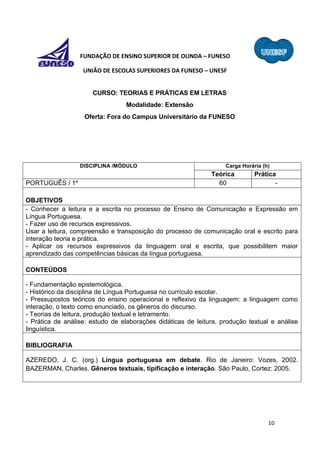 10
FUNDAÇÃO DE ENSINO SUPERIOR DE OLINDA – FUNESO
UNIÃO DE ESCOLAS SUPERIORES DA FUNESO – UNESF
CURSO: TEORIAS E PRÁTICAS EM LETRAS
Modalidade: Extensão
Oferta: Fora do Campus Universitário da FUNESO
DISCIPLINA /MÓDULO Carga Horária (h)
Teórica Prática
PORTUGUÊS / 1º 60 -
OBJETIVOS
- Conhecer a leitura e a escrita no processo de Ensino de Comunicação e Expressão em
Língua Portuguesa.
- Fazer uso de recursos expressivos.
Usar a leitura, compreensão e transposição do processo de comunicação oral e escrito para
interação teoria e prática.
- Aplicar os recursos expressivos da linguagem oral e escrita, que possibilitem maior
aprendizado das competências básicas da língua portuguesa.
CONTEÚDOS
- Fundamentação epistemológica.
- Histórico da disciplina de Língua Portuguesa no currículo escolar.
- Pressupostos teóricos do ensino operacional e reflexivo da linguagem: a linguagem como
interação, o texto como enunciado, os gêneros do discurso.
- Teorias de leitura, produção textual e letramento.
- Prática de análise: estudo de elaborações didáticas de leitura, produção textual e análise
linguística.
BIBLIOGRAFIA
AZEREDO, J. C. (org.) Língua portuguesa em debate. Rio de Janeiro: Vozes, 2002.
BAZERMAN, Charles. Gêneros textuais, tipificação e interação. São Paulo, Cortez: 2005.
 