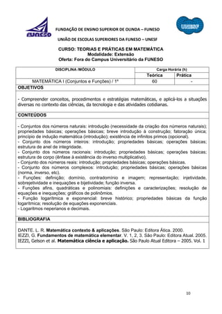 10
FUNDAÇÃO DE ENSINO SUPERIOR DE OLINDA – FUNESO
UNIÃO DE ESCOLAS SUPERIORES DA FUNESO – UNESF
CURSO: TEORIAS E PRÁTICAS EM MATEMÁTICA
Modalidade: Extensão
Oferta: Fora do Campus Universitário da FUNESO
DISCIPLINA /MÓDULO Carga Horária (h)
Teórica Prática
MATEMÁTICA I (Conjuntos e Funções) / 1º 60 -
OBJETIVOS
- Compreender conceitos, procedimentos e estratégias matemáticas, e aplicá-los a situações
diversas no contexto das ciências, da tecnologia e das atividades cotidianas.
CONTEÚDOS
- Conjuntos dos números naturais: introdução (necessidade da criação dos números naturais);
propriedades básicas; operações básicas; breve introdução à construção; fatoração única;
princípio de indução matemática (introdução); existência de infinitos primos (opcional).
- Conjunto dos números inteiros: introdução; propriedades básicas; operações básicas;
estrutura de anel de integridade.
- Conjunto dos números racionais: introdução; propriedades básicas; operações básicas;
estrutura de corpo (ênfase à existência do inverso multiplicativo).
- Conjunto dos números reais: introdução; propriedades básicas; operações básicas.
- Conjunto dos números complexos: introdução; propriedades básicas; operações básicas
(norma, inverso, etc).
- Funções: definição; domínio, contradomínio e imagem; representação; injetividade,
sobrejetividade e inequações e bijetividade; função inversa.
- Funções afins, quadráticas e polinomiais: definições e caracterizações; resolução de
equações e inequações; gráficos de polinômios.
- Função logarítmica e exponencial: breve histórico; propriedades básicas da função
logarítmica; resolução de equações exponenciais.
- Logaritmos neperianos e decimais.
BIBLIOGRAFIA
DANTE. L. R. Matemática contexto & aplicações. São Paulo: Editora Ática. 2000.
IEZZI, G. Fundamentos de matemática elementar. V. 1, 2, 3. São Paulo: Editora Atual. 2005.
IEZZI, Gelson et al. Matemática ciência e aplicação. São Paulo Atual Editora – 2005. Vol. 1
 
