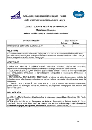 19
FUNDAÇÃO DE ENSINO SUPERIOR DE OLINDA – FUNESO
UNIÃO DE ESCOLAS SUPERIORES DA FUNESO – UNESF
CURSO: TEORIAS E PRÁTICAS EM PEDAGOGIA
Modalidade: Extensão
Oferta: Fora do Campus Universitário da FUNESO
DISCIPLINA /MÓDULO Carga Horária (h)
Teórica Prática
LUDICIDADE E CONTEXTO CULTURAL / 2º 60 -
OBJETIVOS
- Compreender o uso das atividades de jogos e brinquedos, enquanto atividades práticas no
processo de aprendizagem, sua aplicabilidade nos diversos setores da vida social da criança,
numa perspectiva teórico-prática pedagógica.
CONTEÚDOS
- BRINCAR, PRAZER E APRENDIZADO: ludicidade: conceito, história do brinquedo;
importância do brincar para o desenvolvimento da criança; ludicidade como ciência
- LUDICIDADE E EDUCAÇÃO: a criança que não sabe brincar – causas e consequências; por
que brinquedos?; brinquedos e aprendizagem; brinquedos e linguagem; brinquedos e
sociabilidade.
- BRINCADEIRA, BRINQUEDOS, TELEVISÃO: o brincar na vida das pessoas; história da
infância e suas relações com o brincar e a escola; brincar na escola; classificação e valor do
brinquedo.
- O LÚDICO NA FORMAÇÃO DO EDUCADOR: o que é preciso para formar o educador;
pressupostos da formação lúdica do professor; as propostas pedagógicas das escolas em
relação ao lúdico.
BIBLIOGRAFIA
ALVES, Eva Maria Siqueira. A ludicidade e o ensino de matemática. Campinas, São Paulo:
Papirus, 2012.
HORN, Cláudia Inês, et al. Pedagogia do brincar. Porto Alegre: Editora Mediação, 2014.
SANTOS, Santa Marli Pires dos. O brincar na escola: metodologia lúdico-vivencial,
coletânea de jogos, brinquedos e dinâmicas. Petrópolis: Editora Vozes, 2011.
 