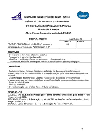 25
FUNDAÇÃO DE ENSINO SUPERIOR DE OLINDA – FUNESO
UNIÃO DE ESCOLAS SUPERIORES DA FUNESO – UNESF
CURSO: TEORIAS E PRÁTICAS EM PEDAGOGIA
Modalidade: Extensão
Oferta: Fora do Campus Universitário da FUNESO
DISCIPLINA /MÓDULO Carga Horária (h)
Teórica Prática
PRÁTICA PEDAGÓGICA I: A ESCOLA: espaços e
caracterizações / Teorias da Aprendizagem // 3º
68 -
OBJETIVOS
- Conhecer a realidade de diferentes escolas.
- Reconhecer o papel social da escola.
- Identificar o perfil do professor para atuar na contemporaneidade;
- Conhecer as diferentes abordagens teóricas e implicações na prática pedagógica.
CONTEÚDOS
- Conhecimento dos Espaços Escolares: realização de diagnoses, levantamentos e
organogramas que permitam estabelecer uma comparação geral entre as escolas públicas e
privadas.
- Caracterização das Diferentes Escolas: realização de diagnoses, levantamentos e
organogramas que permitam estabelecer uma diferenciação entre as escolas do mesmo tipo.
- Papel Social da Escola.
- Perfil do Professor.
- Contextualização e/ou análise das contribuições teóricas.
BIBLIOGRAFIA
MACEDO, Lino de. Ensaios Pedagógicos: como construir uma escola para todos?. Porto
Alegre: Artmed, 2002.
IMBERNÓN, Francisco. A Educação no século XXI: os desafios do futuro imediato. Porto
Alegre: Artmed, 2000.
BRASÍLIA. Lei de Diretrizes e Bases da Educação Nacional Nº 9394/96.
 