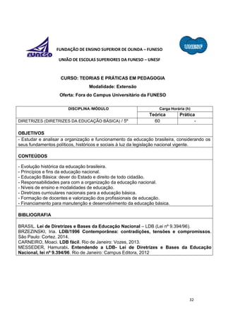 32
FUNDAÇÃO DE ENSINO SUPERIOR DE OLINDA – FUNESO
UNIÃO DE ESCOLAS SUPERIORES DA FUNESO – UNESF
CURSO: TEORIAS E PRÁTICAS EM PEDAGOGIA
Modalidade: Extensão
Oferta: Fora do Campus Universitário da FUNESO
DISCIPLINA /MÓDULO Carga Horária (h)
Teórica Prática
DIRETRIZES (DIRETRIZES DA EDUCAÇÃO BÁSICA) / 5º 60 -
OBJETIVOS
- Estudar e analisar a organização e funcionamento da educação brasileira, considerando os
seus fundamentos políticos, históricos e sociais à luz da legislação nacional vigente.
CONTEÚDOS
- Evolução histórica da educação brasileira.
- Princípios e fins da educação nacional.
- Educação Básica: dever do Estado e direito de todo cidadão.
- Responsabilidades para com a organização da educação nacional.
- Níveis de ensino e modalidades de educação.
- Diretrizes curriculares nacionais para a educação básica.
- Formação de docentes e valorização dos profissionais de educação.
- Financiamento para manutenção e desenvolvimento da educação básica.
BIBLIOGRAFIA
BRASIL. Lei de Diretrizes e Bases da Educação Nacional – LDB (Lei nº 9.394/96).
BRZEZINSKI, Iria. LDB/1996 Contemporânea: contradições, tensões e compromissos.
São Paulo: Cortez. 2014.
CARNEIRO, Moaci. LDB fácil. Rio de Janeiro: Vozes, 2013.
MESSEDER, Hamurabi. Entendendo a LDB- Lei de Diretrizes e Bases da Educação
Nacional, lei nº 9.394/96. Rio de Janeiro: Campus Editora, 2012
 
