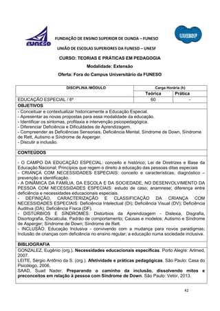 42
FUNDAÇÃO DE ENSINO SUPERIOR DE OLINDA – FUNESO
UNIÃO DE ESCOLAS SUPERIORES DA FUNESO – UNESF
CURSO: TEORIAS E PRÁTICAS EM PEDAGOGIA
Modalidade: Extensão
Oferta: Fora do Campus Universitário da FUNESO
DISCIPLINA /MÓDULO Carga Horária (h)
Teórica Prática
EDUCAÇÃO ESPECIAL / 6º 60 -
OBJETIVOS
- Conceituar e contextualizar historicamente a Educação Especial.
- Apresentar as novas propostas para essa modalidade da educação.
- Identificar os sintomas, profilaxia e intervenção psicopedagógica.
- Diferenciar Deficiência e Dificuldades de Aprendizagem.
- Compreender as Deficiências Sensoriais, Deficiência Mental, Síndrome de Down, Síndrome
de Rett, Autismo e Síndrome de Asperger.
- Discutir a inclusão.
CONTEÚDOS
- O CAMPO DA EDUCAÇÃO ESPECIAL: conceito e histórico; Lei de Diretrizes e Base da
Educação Nacional; Princípios que regem o direito à educação das pessoas ditas especiais
- CRIANÇA COM NECESSIDADES ESPECIAIS: conceito e características; diagnóstico –
prevenção e identificação.
- A DINÂMICA DA FAMÍLIA, DA ESCOLA E DA SOCIEDADE, NO DESENVOLVIMENTO DA
PESSOA COM NECESSIDADES ESPECIAIS: estudo de caso; anamnese; diferença entre
deficiência e necessidades educacionais especiais.
- DEFINIÇÃO, CARACTERIZAÇÃO E CLASSIFICAÇÃO DA CRIANÇA COM
NECESSIDADES ESPECIAIS: Deficiência Intelectual (DI); Deficiência Visual (DV); Deficiência
Auditiva (DA); Deficiência Física (DF).
- DISTÚRBIOS E SÍNDROMES: Distúrbios da Aprendizagem - Dislexia, Disgrafia,
Disortografia, Discalculia; Padrão de comportamento; Causas e modelos; Autismo e Síndrome
de Asperger; Síndrome de Down; Síndrome de Rett.
- INCLUSÃO: Educação Inclusiva - convivendo com a mudança para novos paradigmas;
Inclusão de crianças com deficiência no ensino regular; a educação numa sociedade inclusiva.
BIBLIOGRAFIA
GONZALEZ, Eugênio (org.). Necessidades educacionais específicas. Porto Alegre: Artmed,
2007.
LEITE, Sérgio Antônio da S. (org.). Afetividade e práticas pedagógicas. São Paulo: Casa do
Psicólogo, 2006.
SAAD, Suad Nader. Preparando o caminho da inclusão, dissolvendo mitos e
preconceitos em relação à pessoa com Síndrome de Down. São Paulo: Vetor, 2013.
 