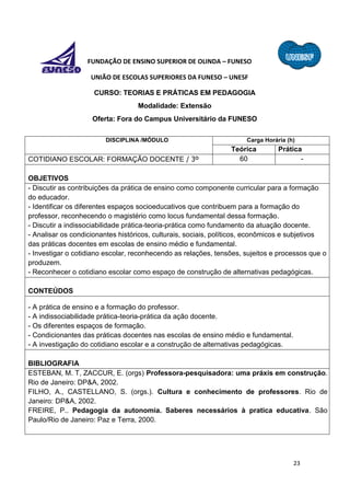 23
FUNDAÇÃO DE ENSINO SUPERIOR DE OLINDA – FUNESO
UNIÃO DE ESCOLAS SUPERIORES DA FUNESO – UNESF
CURSO: TEORIAS E PRÁTICAS EM PEDAGOGIA
Modalidade: Extensão
Oferta: Fora do Campus Universitário da FUNESO
DISCIPLINA /MÓDULO Carga Horária (h)
Teórica Prática
COTIDIANO ESCOLAR: FORMAÇÃO DOCENTE / 3º 60 -
OBJETIVOS
- Discutir as contribuições da prática de ensino como componente curricular para a formação
do educador.
- Identificar os diferentes espaços socioeducativos que contribuem para a formação do
professor, reconhecendo o magistério como locus fundamental dessa formação.
- Discutir a indissociabilidade prática-teoria-prática como fundamento da atuação docente.
- Analisar os condicionantes históricos, culturais, sociais, políticos, econômicos e subjetivos
das práticas docentes em escolas de ensino médio e fundamental.
- Investigar o cotidiano escolar, reconhecendo as relações, tensões, sujeitos e processos que o
produzem.
- Reconhecer o cotidiano escolar como espaço de construção de alternativas pedagógicas.
CONTEÚDOS
- A prática de ensino e a formação do professor.
- A indissociabilidade prática-teoria-prática da ação docente.
- Os diferentes espaços de formação.
- Condicionantes das práticas docentes nas escolas de ensino médio e fundamental.
- A investigação do cotidiano escolar e a construção de alternativas pedagógicas.
BIBLIOGRAFIA
ESTEBAN, M. T, ZACCUR, E. (orgs) Professora-pesquisadora: uma práxis em construção.
Rio de Janeiro: DP&A, 2002.
FILHO, A., CASTELLANO, S. (orgs.). Cultura e conhecimento de professores. Rio de
Janeiro: DP&A, 2002.
FREIRE, P.. Pedagogia da autonomia. Saberes necessários à pratica educativa. São
Paulo/Rio de Janeiro: Paz e Terra, 2000.
 