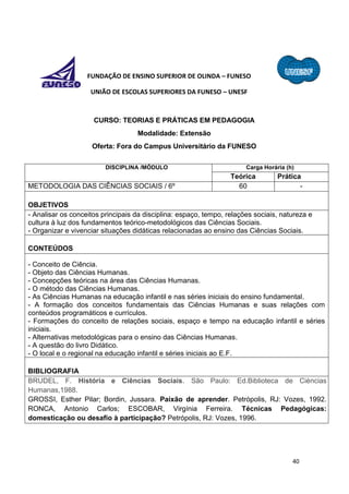 40
FUNDAÇÃO DE ENSINO SUPERIOR DE OLINDA – FUNESO
UNIÃO DE ESCOLAS SUPERIORES DA FUNESO – UNESF
CURSO: TEORIAS E PRÁTICAS EM PEDAGOGIA
Modalidade: Extensão
Oferta: Fora do Campus Universitário da FUNESO
DISCIPLINA /MÓDULO Carga Horária (h)
Teórica Prática
METODOLOGIA DAS CIÊNCIAS SOCIAIS / 6º 60 -
OBJETIVOS
- Analisar os conceitos principais da disciplina: espaço, tempo, relações sociais, natureza e
cultura à luz dos fundamentos teórico-metodológicos das Ciências Sociais.
- Organizar e vivenciar situações didáticas relacionadas ao ensino das Ciências Sociais.
CONTEÚDOS
- Conceito de Ciência.
- Objeto das Ciências Humanas.
- Concepções teóricas na área das Ciências Humanas.
- O método das Ciências Humanas.
- As Ciências Humanas na educação infantil e nas séries iniciais do ensino fundamental.
- A formação dos conceitos fundamentais das Ciências Humanas e suas relações com
conteúdos programáticos e currículos.
- Formações do conceito de relações sociais, espaço e tempo na educação infantil e séries
iniciais.
- Alternativas metodológicas para o ensino das Ciências Humanas.
- A questão do livro Didático.
- O local e o regional na educação infantil e séries iniciais ao E.F.
BIBLIOGRAFIA
BRUDEL, F. História e Ciências Sociais. São Paulo: Ed.Biblioteca de Cièncias
Humanas,1988.
GROSSI, Esther Pilar; Bordin, Jussara. Paixão de aprender. Petrópolis, RJ: Vozes, 1992.
RONCA, Antonio Carlos; ESCOBAR, Virgínia Ferreira. Técnicas Pedagógicas:
domesticação ou desafio à participação? Petrópolis, RJ: Vozes, 1996.
 