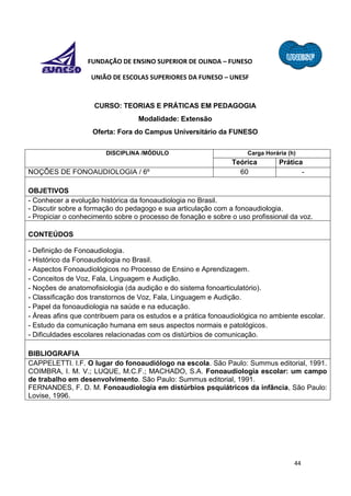 44
FUNDAÇÃO DE ENSINO SUPERIOR DE OLINDA – FUNESO
UNIÃO DE ESCOLAS SUPERIORES DA FUNESO – UNESF
CURSO: TEORIAS E PRÁTICAS EM PEDAGOGIA
Modalidade: Extensão
Oferta: Fora do Campus Universitário da FUNESO
DISCIPLINA /MÓDULO Carga Horária (h)
Teórica Prática
NOÇÕES DE FONOAUDIOLOGIA / 6º 60 -
OBJETIVOS
- Conhecer a evolução histórica da fonoaudiologia no Brasil.
- Discutir sobre a formação do pedagogo e sua articulação com a fonoaudiologia.
- Propiciar o conhecimento sobre o processo de fonação e sobre o uso profissional da voz.
CONTEÚDOS
- Definição de Fonoaudiologia.
- Histórico da Fonoaudiologia no Brasil.
- Aspectos Fonoaudiológicos no Processo de Ensino e Aprendizagem.
- Conceitos de Voz, Fala, Linguagem e Audição.
- Noções de anatomofisiologia (da audição e do sistema fonoarticulatório).
- Classificação dos transtornos de Voz, Fala, Linguagem e Audição.
- Papel da fonoaudiologia na saúde e na educação.
- Áreas afins que contribuem para os estudos e a prática fonoaudiológica no ambiente escolar.
- Estudo da comunicação humana em seus aspectos normais e patológicos.
- Dificuldades escolares relacionadas com os distúrbios de comunicação.
BIBLIOGRAFIA
CAPPELETTI. I.F. O lugar do fonoaudiólogo na escola. São Paulo: Summus editorial, 1991.
COIMBRA, I. M. V.; LUQUE, M.C.F.; MACHADO, S.A. Fonoaudiologia escolar: um campo
de trabalho em desenvolvimento. São Paulo: Summus editorial, 1991.
FERNANDES, F. D. M. Fonoaudiologia em distúrbios psquiátricos da infância, São Paulo:
Lovise, 1996.
 